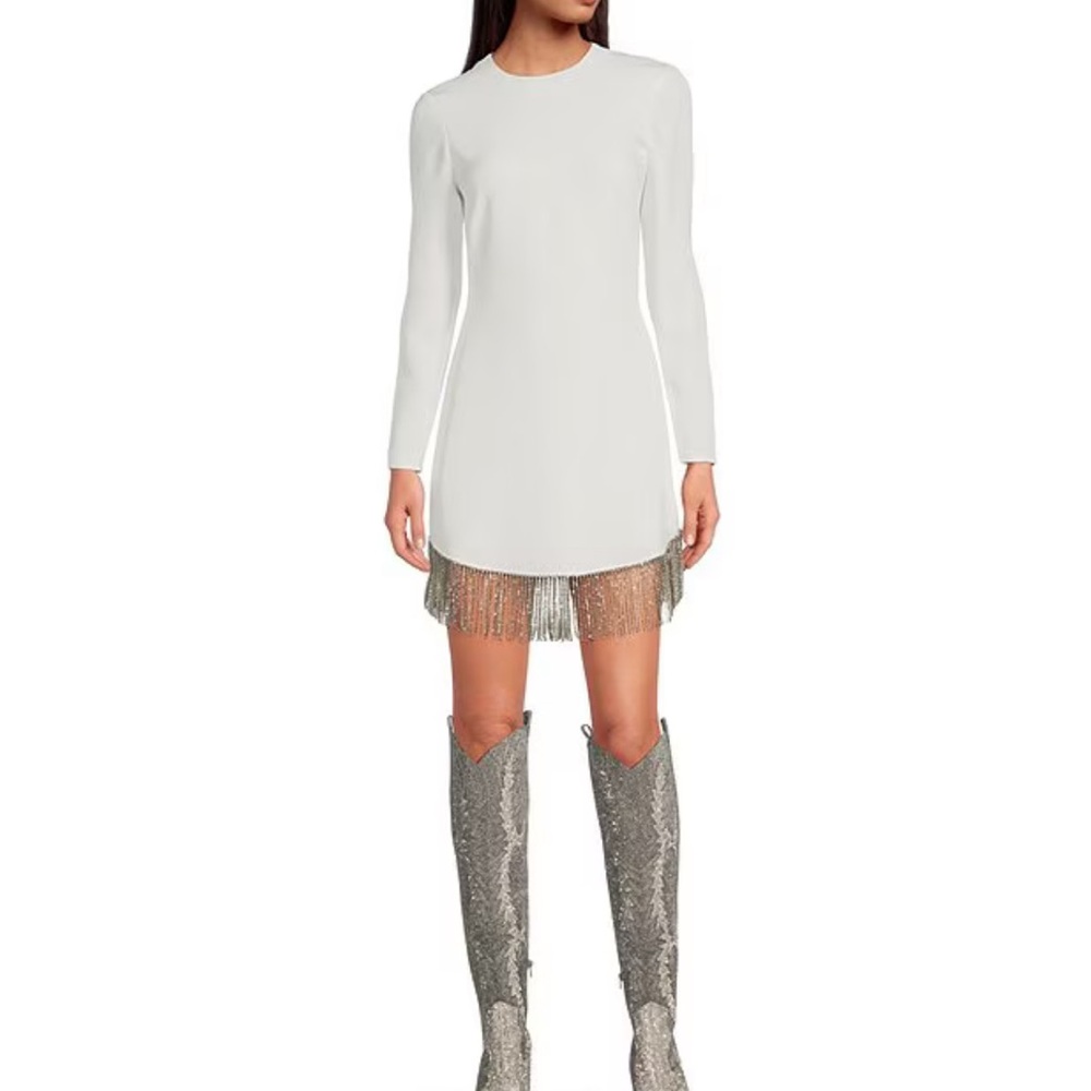 NWT Gianni Bini Sage Rhinestone Fringe Crew Neck Long Sleeve Crepe Dress